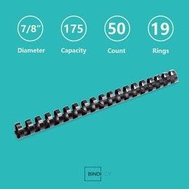 Binditek 50 Pack Plastic Binding Comb Spines, 7/8 Inch Diameter, 190 Sheet Capacity, 19 Ring, for Letter Size, Black, for Students and Coworkers