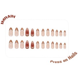 IMRAIN Almond Press on Nails Medium Fall Fake Nails Bronze Chrome Brown French Tips False Nails Glossy Full Cover Acrylic Glue on Nails for Women Girls DIY French Manicure Stick on Nails 24Pcs