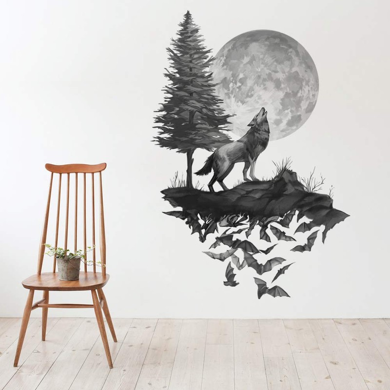 Runtoo Wolf Wall Decals Moon Wall Art Stickers Bedroom Living