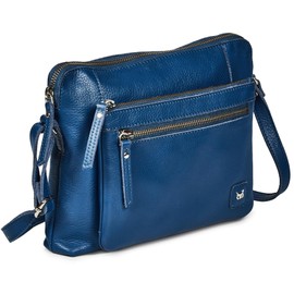 Bandolera pequeña y suave de piel auténtica – Triple cremallera premium bandolera bandolera bandolera para mujer, Nappa azul zafiro