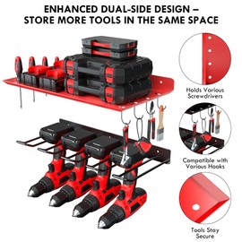 KSVO Wall Mount Power Tool Organizer, Metal Drill Holder for Garage, Workshop, and Shed, Heavy Duty Tool Storage Rack for Handheld & Cordless Tools (Red)
