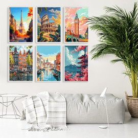 Tiwabb 6Packs Landscape Paint by Numbers Kit for Adults Beginner,Famous Buildings Easy Adult Paint by Number Kits on Canvas DIY Painting for Beginners Art by Numbers Home Wall Decor 10x12 Inch