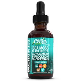 Clean Nutra Sea Moss Black Seed Oil Liquid Drops with Ashwagandha Burdock Root Bladderwrack - Multimineral Supplement Healthcare Dietary ashwagandha:_1 Bottle