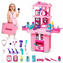 Doctor Kit for Girls, 3-in-1 Pretend Doctor Playset with Stethoscope, Thermometer & Medical Tools, Pink Medical Toys for Kids Ages 3 4 5 6 7 8