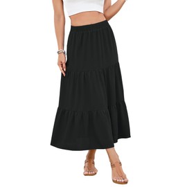 NILOUFO Women Summer High Waist Elastic A-Line Maxi Skirt Flowy Tiered Pleated Beach Vacation Skirts with Pockets(Black, Large)