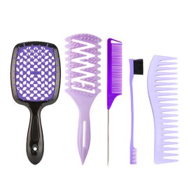 Hair Brush Set – 5 Pack Detangling Brushes & Combs for Women – Anti-Static Paddle, Round & Vent Brush, Wide Tooth Comb & Tail Comb for Curly, Wet & Dry Hair – Salon & Home Styling Kit