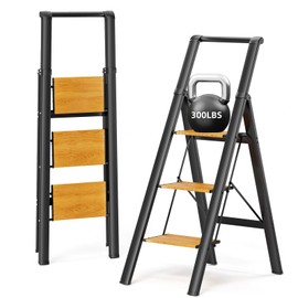 SOLADDER 3 Step Ladder with Handrails, Lightweight Aluminium Folding Step Stool for Adults to Use in Kitchen, Closet and Library, 300lbs(Black+Woodgrain)