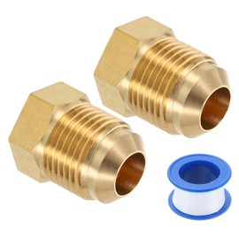 sourcing map 2Pcs 1/2" Tube OD Brass Seal Plug, 3/4"-16 UNF Male Thread 45 Degree Flared SAE Hex Pipe Fitting, Flare Tube Fittings with Tape for Air Conditioner Pipe Extension Water Gas Line