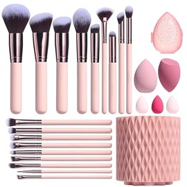 Brochas de Maquillaje Profesional 25 Piezas kit,Con 1 Soporte Para Brochas De Maquillaje,5 Puff Set Y 18 Piezas Brochas,Set de brochas cosméticas multifunction,Regalos de Navidad(Rosa)