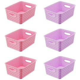 Mixed Color Small Plastic Open Storage Weave Baskets, 6-Pack Versatile Shelf Organizer Woven Baskets for Classrooms, Children's Rooms, and Pantries, Pink/Purple-10x7.5x4 inch
