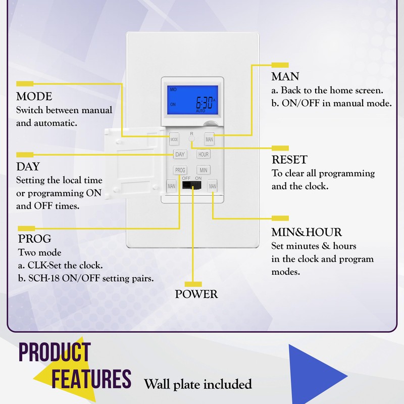 Enerlites HET01 7 Days Digital in-Wall Programmable Timer Switch with