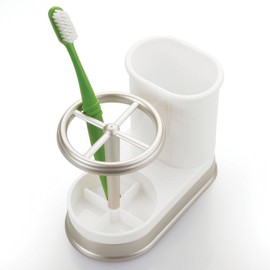 mDesign Decorative Bathroom Dental Storage Organizer Holder Stand for Electric Spin Toothbrush/Toothpaste - Compact Design for Countertop and Vanity, Holds 4 Standard Brushes - White/Matte Satin