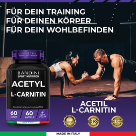 Bandini® Acetyl L-Carnitine 1000 mg - 60 Capsules | Premium Carnitine: Acetyl-L-Carnitine Hydrochloride | Metabolism Booster, Muscle Building, Recovery | High Dose, No Additives, Vegan, Laboratory