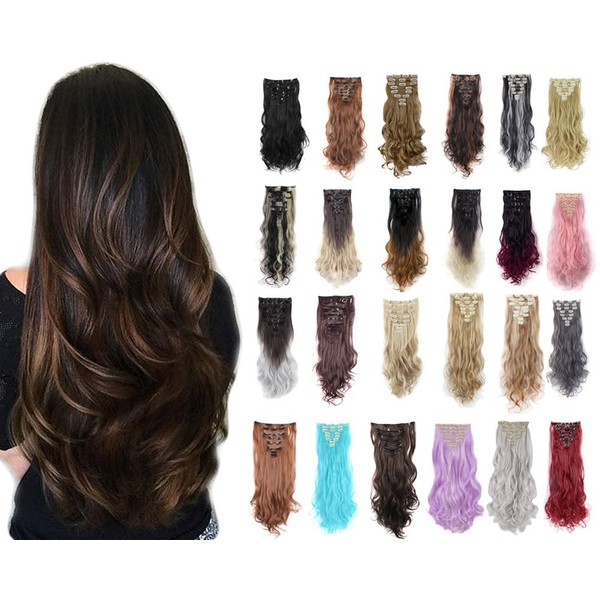 FIRSTLIKE 24" Curly Sky Blue Clip In Hair Extensions Thick Full Long 8 Pieces 18 Clips Soft Silky For Women Beauty