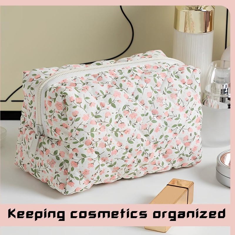 ZEPIQOR Floral Quilted Large Capacity Soft Cotton Cosmetic Bag for
