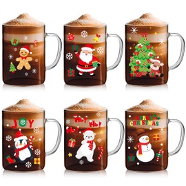Baderke 6 Pcs Christmas Glass Mugs Set 16 Oz Winter Xmas Coffee Mugs Bulk with Handle Snowman Snowflake Coffee Cups Santa Claus Cups Christmas Gift for Women Men Holiday Kitchen Xmas Party Decor