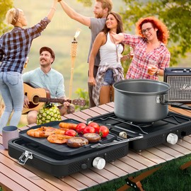 ZLQFSVB 2 Burner Propane Stove with Grill, 18,000 BTU, Portable Camping Stove, Foldable Camp Stove, Gas Stove with 2 Adjustable Burners, Piezo Ignition & Easy Carrying Handle (Black)