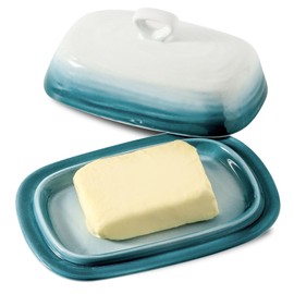 Tikooere Butter Dish with Lid for Countertop, Large Butter Container with Handle for East West Coast Butter, Ceramic Butter Keeper Holder for Housewarming Wedding Gift, White & Blue