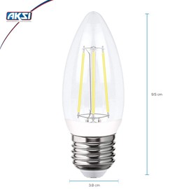 FOCO LED AKSI Filamentos VELA, Equivalente a 25W (330 lm - Lúmenes), Consume 4W (vatios), LUZ CÁLIDA 2700K, E27 - PACK de 6