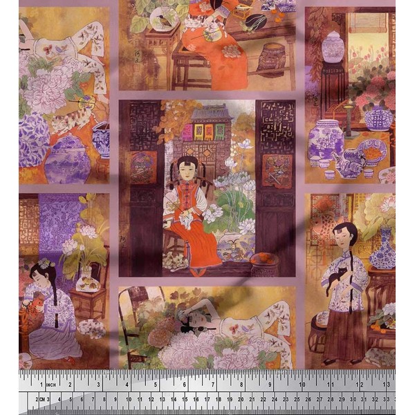 Soimoi Polyester Crepe Fabric Flower Vase,Cat & Girl Patchwork Print
