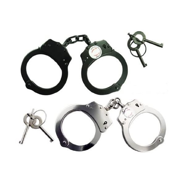 Set of 2pc Double Lock Police Official Nickel Plated Handcuffs Black & Silver