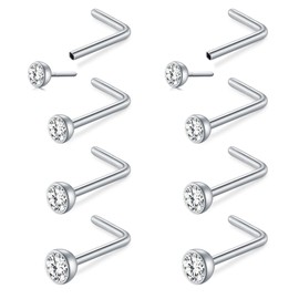 LAURITAMI Nose Piercing Spiral Nose Stud L Shaped Screw Set 20G Stainless Steel Nose Ring Nostril Piercing Silver Diamond, Stainless Steel