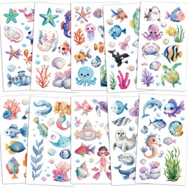 Watercolour Sea Creatures Tattoos for Children, 10 Sheets Underwater World Children's Tattoos, Skin-Friendly Set for Girls Boys, Mermaid Dolphin Shark Fish, Party Bag Children's Birthday Party Favours