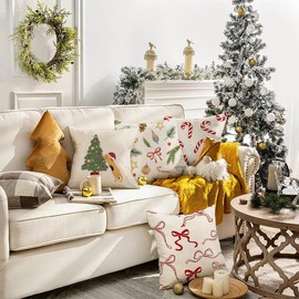 Bseical Pack of 4 Christmas Cushion Covers, 45 x 45 cm, Linen Look Cushion Covers with Christmas Tree Pattern, Christmas Decoration for Living Room, Bedroom, Car (B)