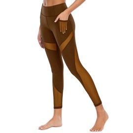 CSTOWN Women's High Waist Yoga Pants with Side Pockets Stretchy Mesh Insert Workout Leggings Tummy Control Yoga Tights Coffee L