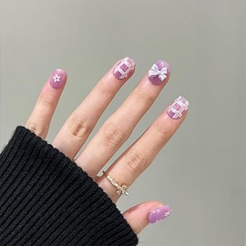 Vezocim Press on Nails Short Length Square Shape 24Pcs Purple Glue ons Nails Coffin with Bow Star Designs Glossy Full Cover Acrylic Short False Nails Fingernails Artificial Fake Nails for Women