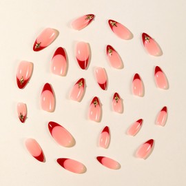 Red French Tip Press on Nails Almond Fake Nails with Gold Star Designs Glossy Glue on Nails Medium Full Cover False Nails Valentines Nails Reusable Acrylic Nail Kit for Women Girls 24 Pcs