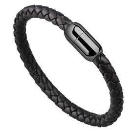 Meixao Bracelet for Men Cowhide Genuine Leather Polished Stainless Steel Magnetic Closure Gift Boxed (Black, 20)