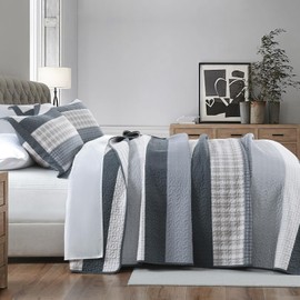 FineStichery King Quilt Bedding Set, 3 Piece 100% Cotton King Comforter Set, Farmhouse Gray and Off White Striped Bedspread, Lightweight Quilted Coverlet, All Season
