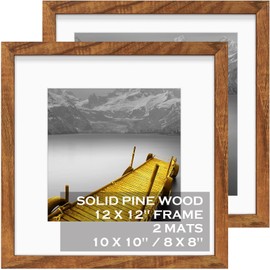 12x12 Picture Frames Solid Wood Display Pictures 10x10 or 8x8 with Mat or 12x12 without Mat - Each 12x12 Inch Square Photo Frames with 2 Mats Wooden for Wall or Tabletop Mount, Set of 2