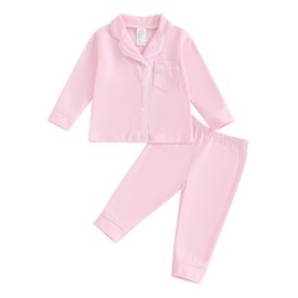 MAHUAOYIXI Toddler Baby Girl Boy Solid Pajamas Sets Long Sleeve Lapel Neck Button Down Shirts Tops with Elastic Waist Long Pants Sets 2Pcs Sleepwear Loungewear Nightwear (Pink, 2-3 Years)