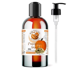 Aceite de semillas de calabaza. 236 ml Prensado en frío. Sin refinar. Orgánico. 100 % puro. Antienvejecimiento. Sin hexano. Combate las arrugas y suaviza el cabello. Hidratante natural. Para cabello, cara, cuerpo, barba, estrías.