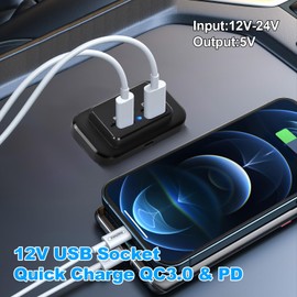 12V USB Socket Campervan, Car Charger Adapter, Car Phone Charger, QC3.0 USB & PD Type C Quick Charge USB Car Charger Socket 12V for Boat SUV Camper Caravan RV Truck