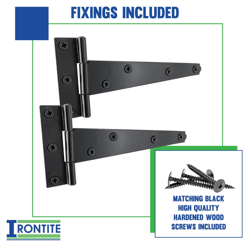 IRONTITE® 1 Pair Black T Hinges 150mm (6”), Gate Hinges