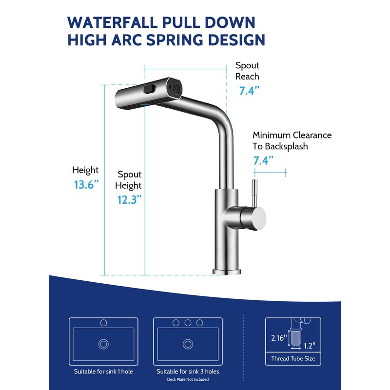 Kitchen Faucet with Pull Down Sprayer,Brushed Nickel Waterfall Single Hole