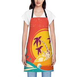 oFloral Hawaii Beach, Vintage palm tree sun Tropical Island Giant Wave Bib Apron with Adjustable Neck for Men Women,Suitable for Home Kitchen Cooking Waitress Chef Grill Bistro Baking BBQ Apron
