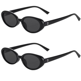 Onrtry Vintage Small Oval Sunglasses for Women Men 90s Sunglasses Narrow Eyeglasses UV400 Protection 2 Pack(Black+Black)