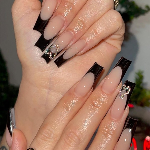 Long Press on Nails Square Black French Tip False Nails