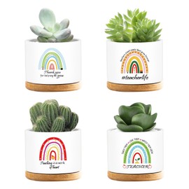 emzrivo 4 Pcs Thank You Gift Teacher Appreciation Gifts Funny Ceramic Succulent Plant Pot Thank You Gifts for Coworker Employee Teacher Valentines Gift, Plants Not Included (Teacher)