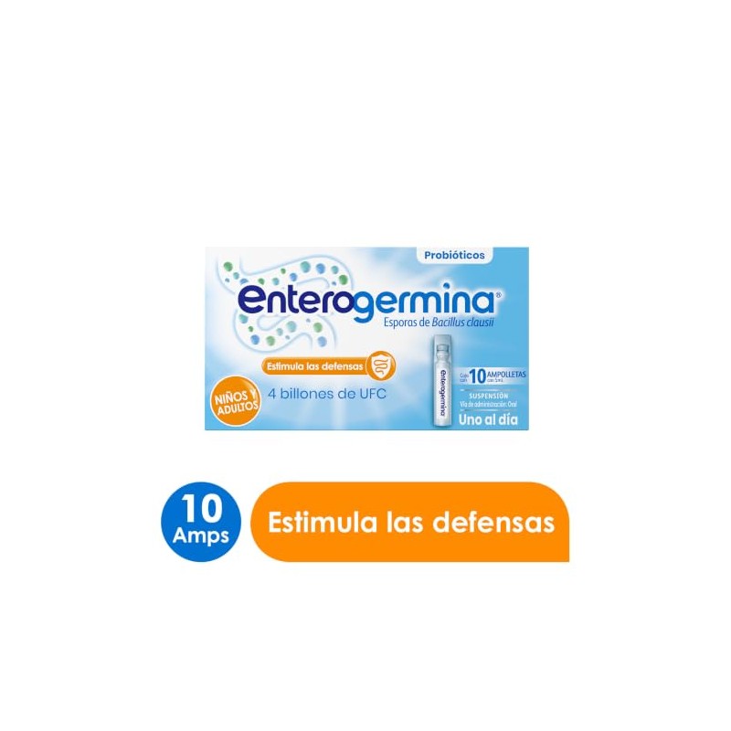 Enterogermina probióticos 4 billones, vial sin refrigeración, 10 amps.