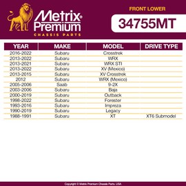 Metrix Premium Chassis Parts - Junta esférica delantera inferior para Subaru Crosstrek 16-22, 13-22 WRX, 13-21 WRX STI, 13-22 Subaru XV (México), 13-15 Subaru XV Crosstrek, repuesto K9513, fabricado