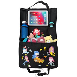 HECKBO 2x car backseat organizer with adjustable tablet pocket for tablets up to 20 inches with touch foil - mermaid - universal fit - incl. thermo pocket + stretch net pocket - washable