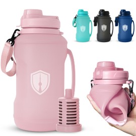 Collapsible Water Bottle for Traveling, Workout or Hiking 64oz Gen 2.0 - Motivational Water Bottle with Time Markings - Half Gallon / 2 L Capacity - BPA Free & Dishwasher Safe (Fruity Pink + Filter)
