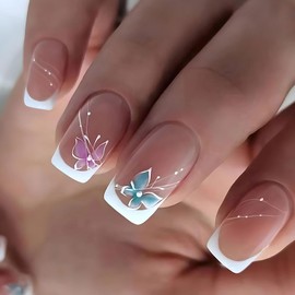 Short Press on Nails White French Tip Fake Nails European Square Style Pink Blue Butterfly Pattern Acrylic Nails Spring Glossy Pink Solid Color Artificial False Nails Glue on Nails for Women Girls