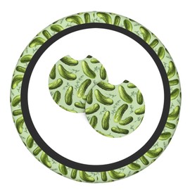 Dill Pickles Steering Wheel Cover with 2 Car Coasters Non Slip Neoprene for Women Men Universal 15 Inch Stylish and Practical Set