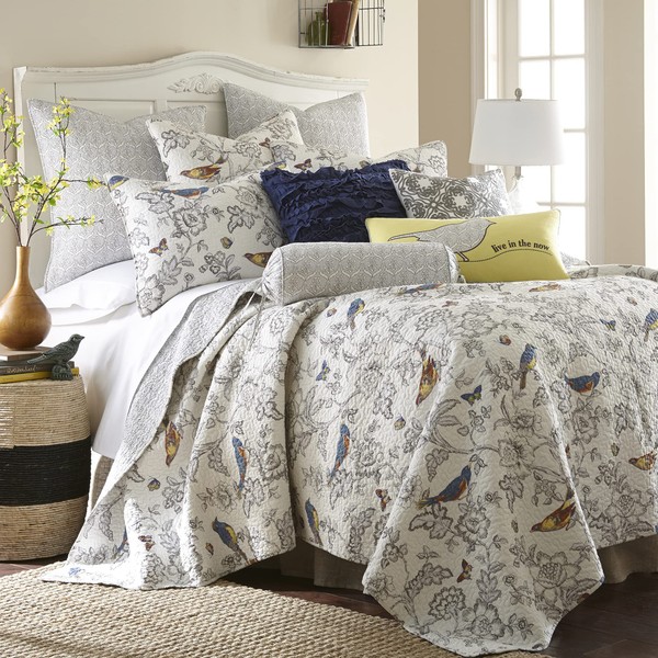 Levtex Home - Mockingbird Quilt Set - King Quilt + Two King Pillow Shams - Grey Toile with Birds and Butterflies - Quilt Size (106 x 92) and Pillow Sham Size (36 x 20) - Reversible Pattern - Cotton